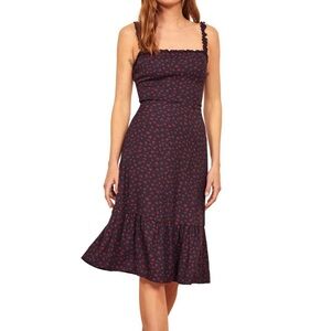 REFORMATION Blue and Red Floral Print Ruffle Crepe Midi